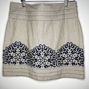 Floreat‎ Skirt Mini 10 Navy Embroidery Striped Pleated Cotton Linen Boho Cottage